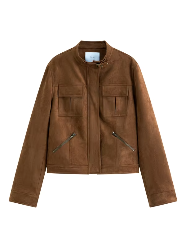 FSLE【Premium Series】Vintage Style Stand Collar Moto Jacket, Cropped Faux Suede Utility Coat for American Heritage Street Style