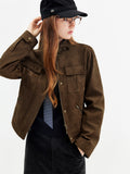 FSLE【Premium Series】Vintage Style Stand Collar Moto Jacket, Cropped Faux Suede Utility Coat for American Heritage Street Style