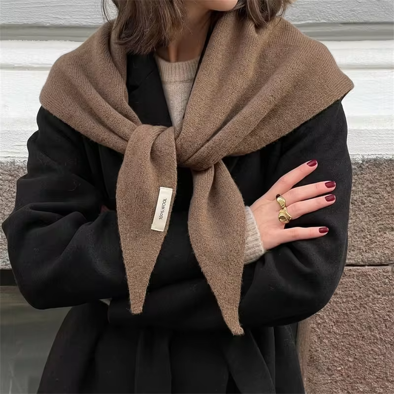 Solid 100% Wool Knit Triangle Scarf Women Lightweight Shawl Neck Wrap Versatile Scarves for Sweater Coat Daily Street Accessory