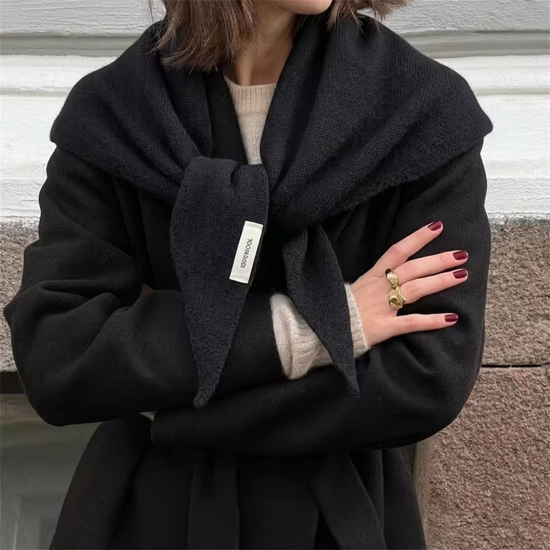 Solid 100% Wool Knit Triangle Scarf Women Lightweight Shawl Neck Wrap Versatile Scarves for Sweater Coat Daily Street Accessory