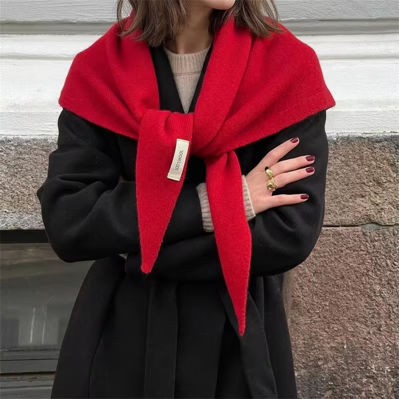 Solid 100% Wool Knit Triangle Scarf Women Lightweight Shawl Neck Wrap Versatile Scarves for Sweater Coat Daily Street Accessory