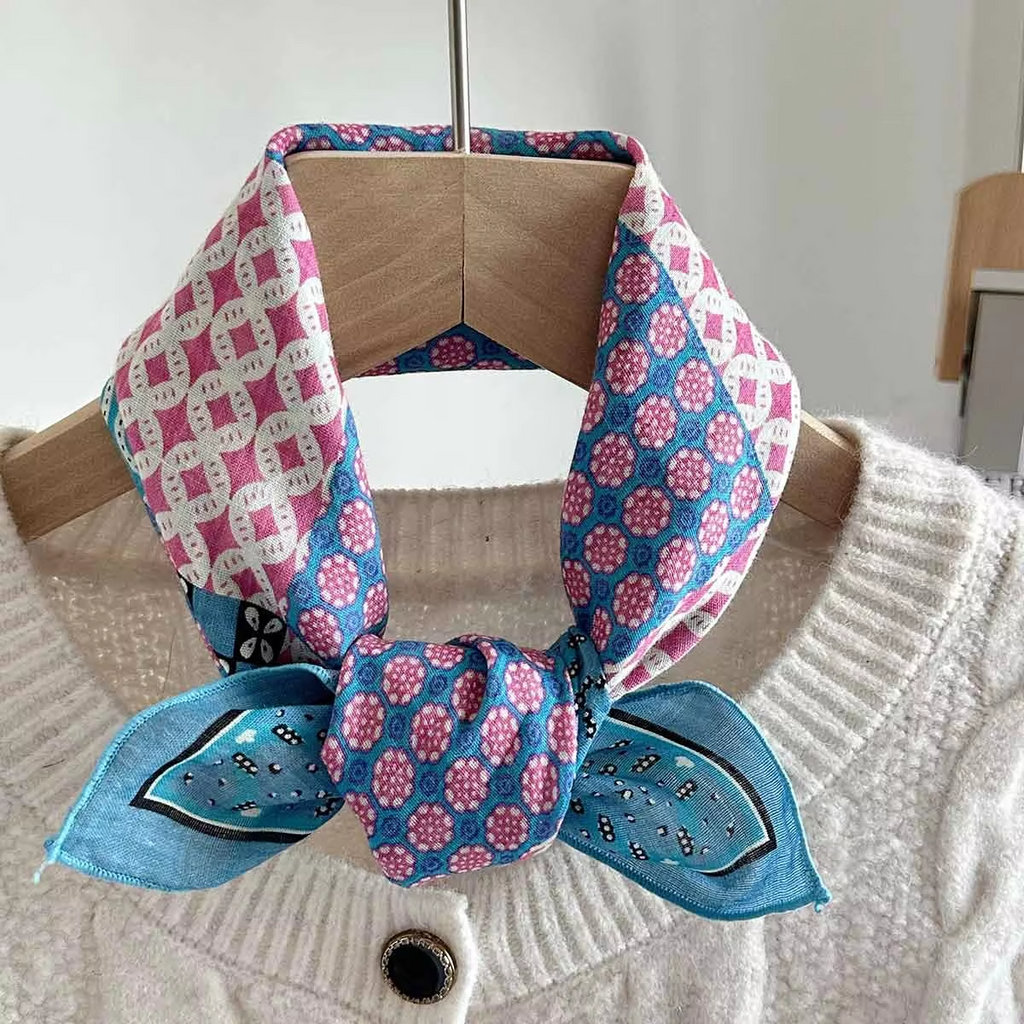 Spring and Summer New Women's Small Silk Scarf Skin-Friendly and Bohemian Small Square Scarf Versatile Flower Print Scarf