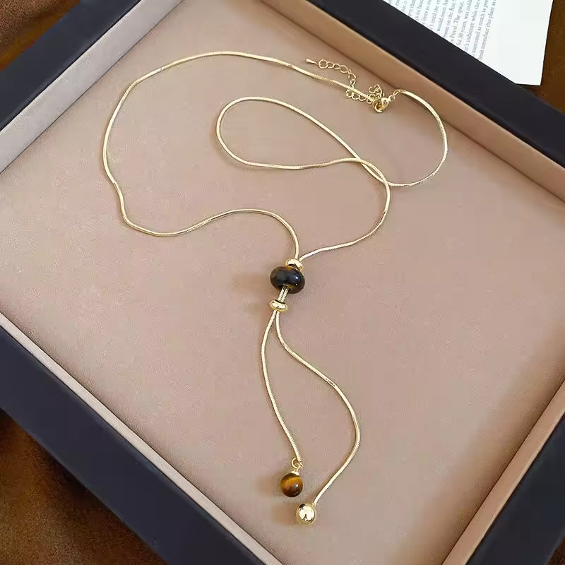Vintage Maillard Brown Stone Pendant Necklaces for Women Trendy Casual Pulling Rope Necklaces Daily Commute Jewelry Gifts