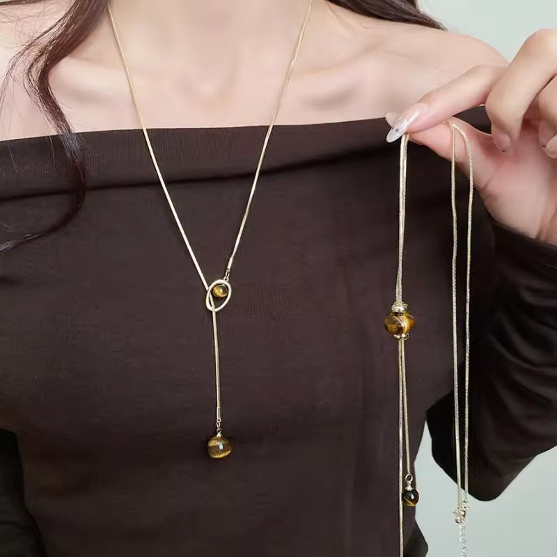 Vintage Maillard Brown Stone Pendant Necklaces for Women Trendy Casual Pulling Rope Necklaces Daily Commute Jewelry Gifts